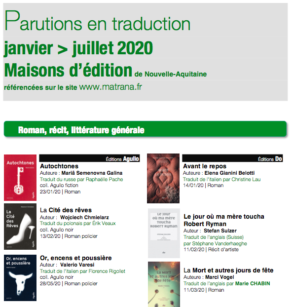 Parutions en traduction janvier > juillet 2020 Maisons d’édition de Nouvelle-Aquitaine